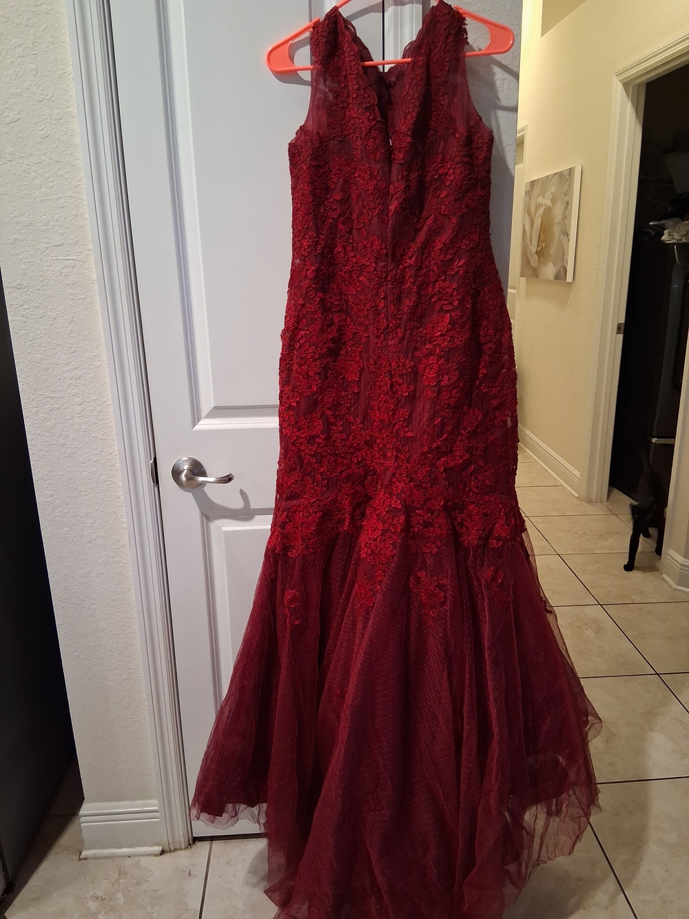 Dave & Johnny Wine Red Lace Evening Dress